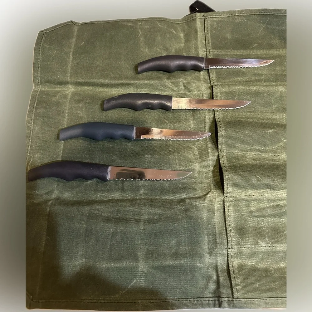 FOREVER SHARP 4 PIECE GOURMET STAINLESS STEAK KNIVES IN WAXED CANVAS KNIFE ROLL